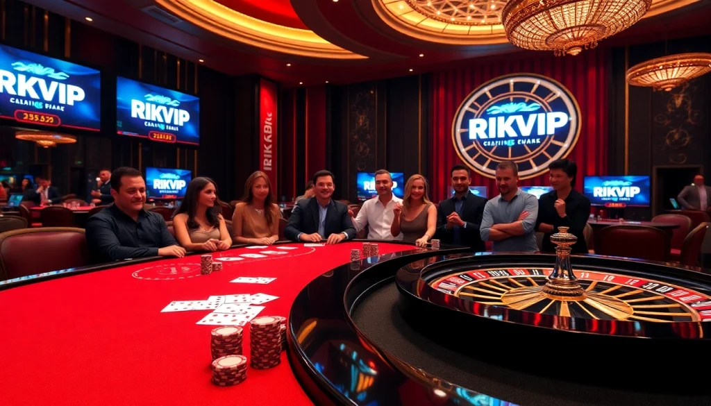 Engaging players at a RIKVIP online casino with vibrant poker chips and a roulette wheel.