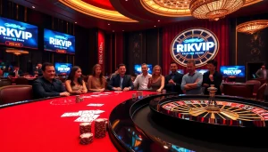 Engaging players at a RIKVIP online casino with vibrant poker chips and a roulette wheel.
