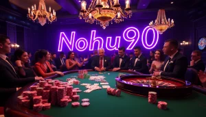 Nohu90 captures the excitement of high-stakes poker with vibrant casino elements.