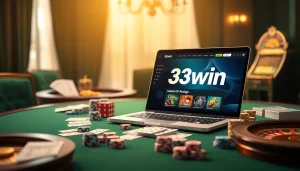 Experience the thrill of winning with 33win's exciting online casino setup featuring poker chips and cards.