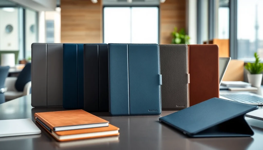 Fundas para iPad elegantes y funcionales en ambiente de oficina moderna.