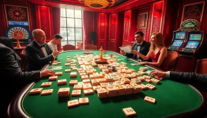 Mainkan Link Mahjong dalam suasana kasino yang elegan, menampilkan ubin yang glamor dan aksi taruhan.