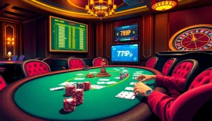 Players strategizing at a 789P poker table with vibrant chips and cards.