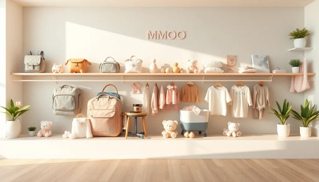 MMOO branded baby gear display featuring modern accessories in soft pastel colors.