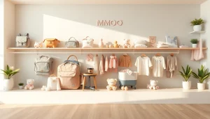 MMOO branded baby gear display featuring modern accessories in soft pastel colors.