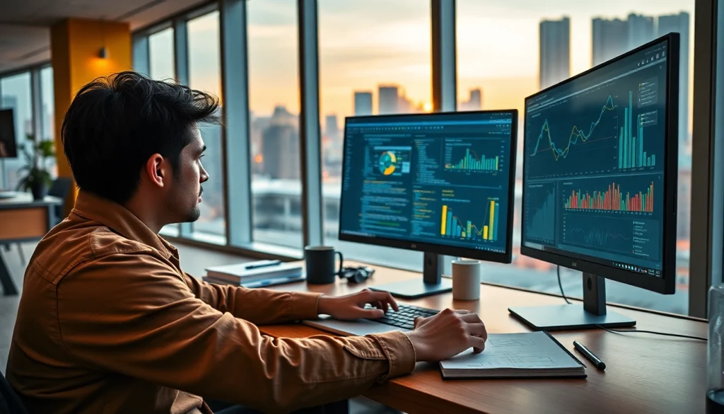 Software engineering workspace with coding on dual monitors and city view