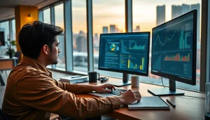 Software engineering workspace with coding on dual monitors and city view