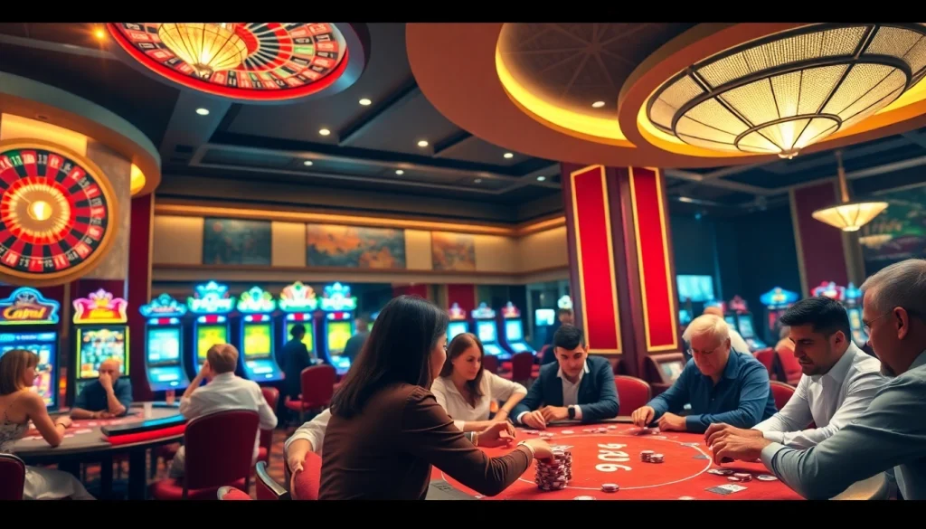 Số Đỏ 66 players enjoying a high-stakes game at an upscale casino, surrounded by roulette and poker tables.