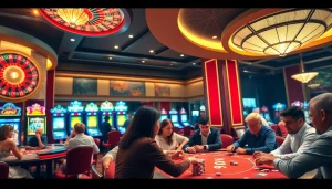 Số Đỏ 66 players enjoying a high-stakes game at an upscale casino, surrounded by roulette and poker tables.