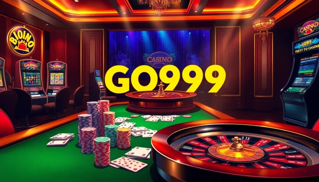 Engaging GO99 casino scene with poker chips, cards, and a roulette wheel flashing excitement