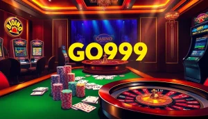 Engaging GO99 casino scene with poker chips, cards, and a roulette wheel flashing excitement