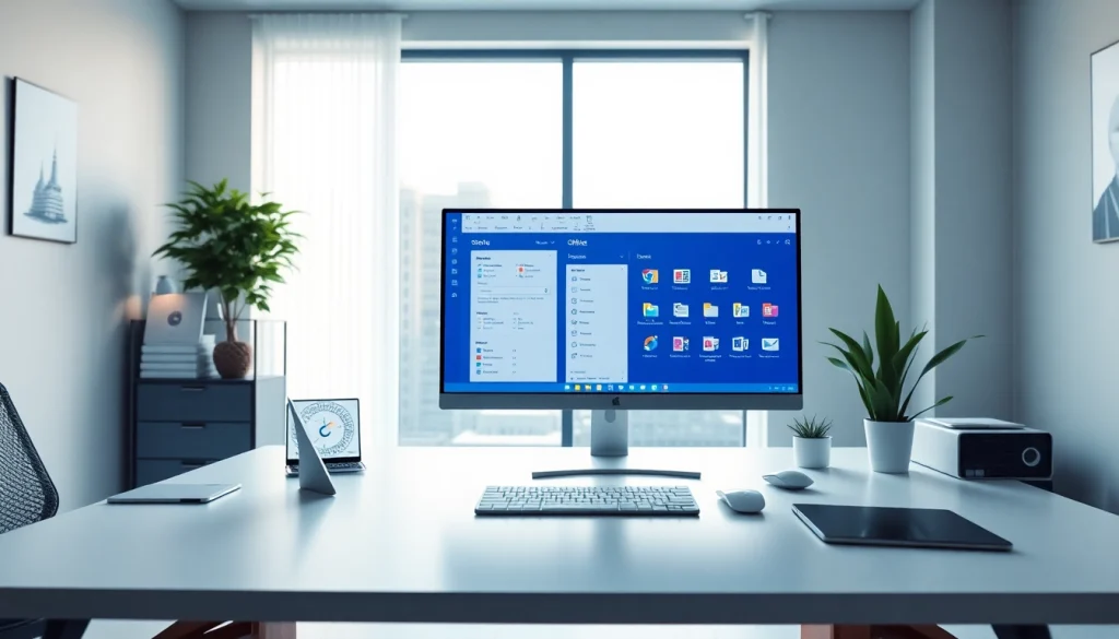 创新的 WPS Office 设置，展示在时尚工作站上的专业生产力工具。