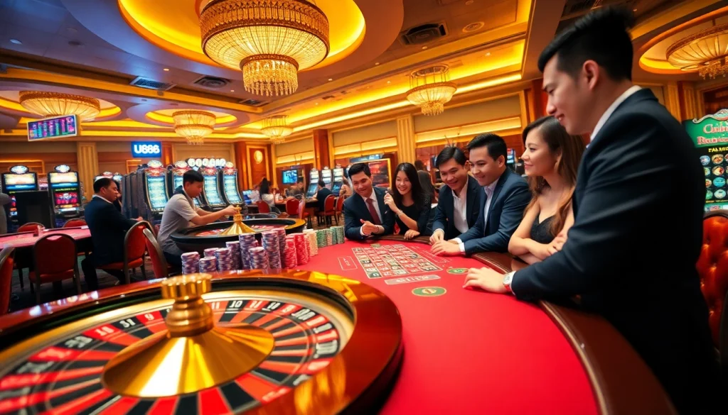 Players enjoying intense gambling action at U888 casino with vibrant slots and chips.