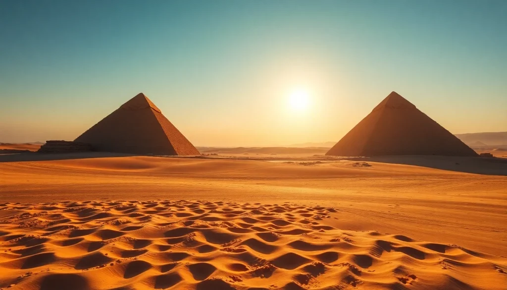 Piraminds towering majestically in the Giza desert under a bright sky.