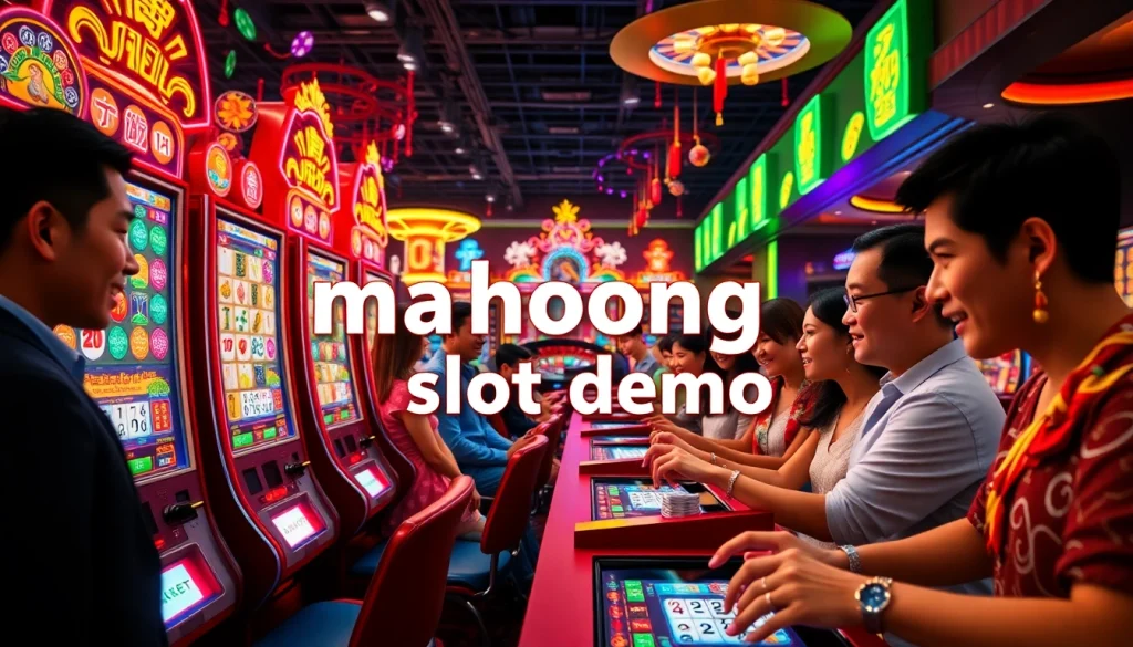 Engage with the mahjong slot demo at a vibrant casino, featuring players, intricate slot machines, and colorful casino props.