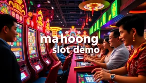 Engage with the mahjong slot demo at a vibrant casino, featuring players, intricate slot machines, and colorful casino props.