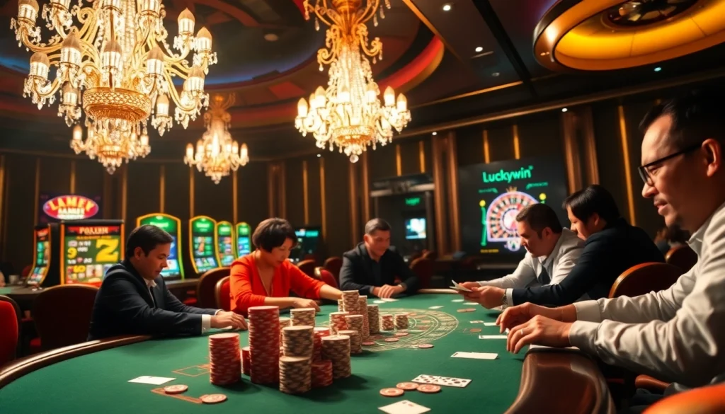 High-energy scene with players enjoying poker at Luckywin casino, featuring vibrant decor and luxurious ambiance.
