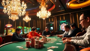 High-energy scene with players enjoying poker at Luckywin casino, featuring vibrant decor and luxurious ambiance.