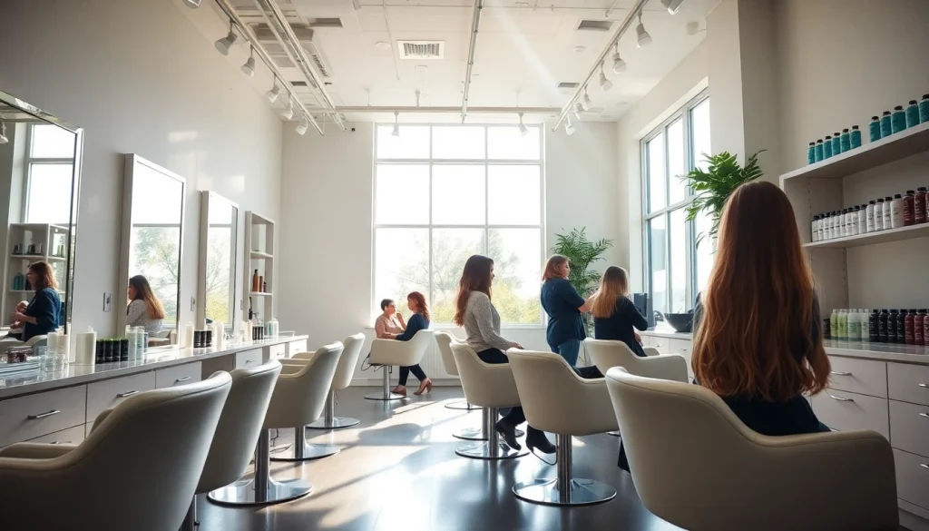 Omnia Salon, an Aveda salon in San Diego, featuring stylists providing vibrant hair color and cuts.