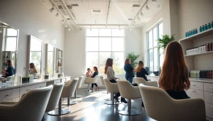 Omnia Salon, an Aveda salon in San Diego, featuring stylists providing vibrant hair color and cuts.