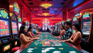 Nổ hũ slot machines delivering excitement and entertainment in a vibrant casino setting.