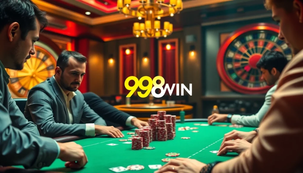 98WIN players strategizing at a high-stakes poker table with colorful chips and cards.