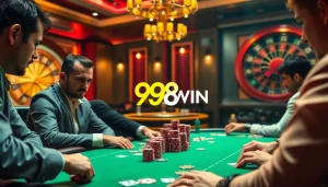 98WIN players strategizing at a high-stakes poker table with colorful chips and cards.