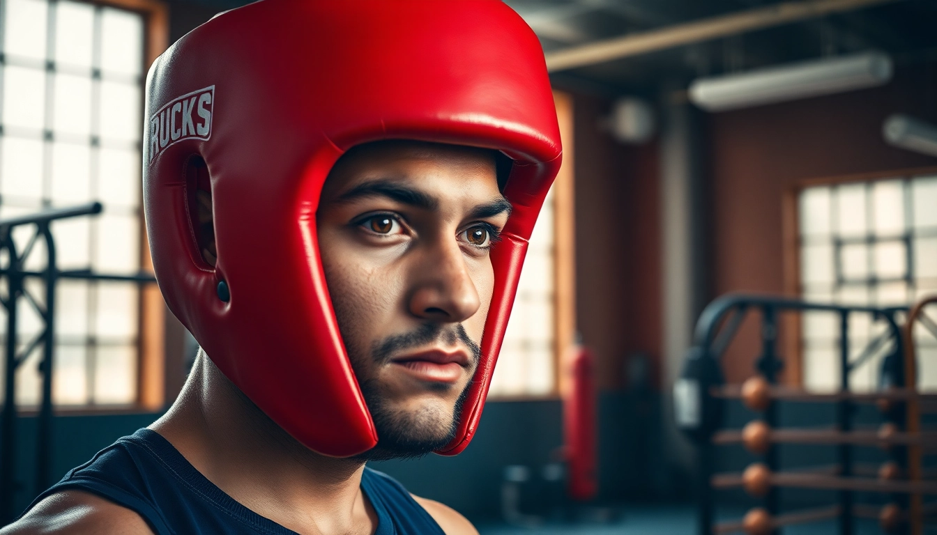 Boxer in headgear boxing during training, showcasing protection and dedication.