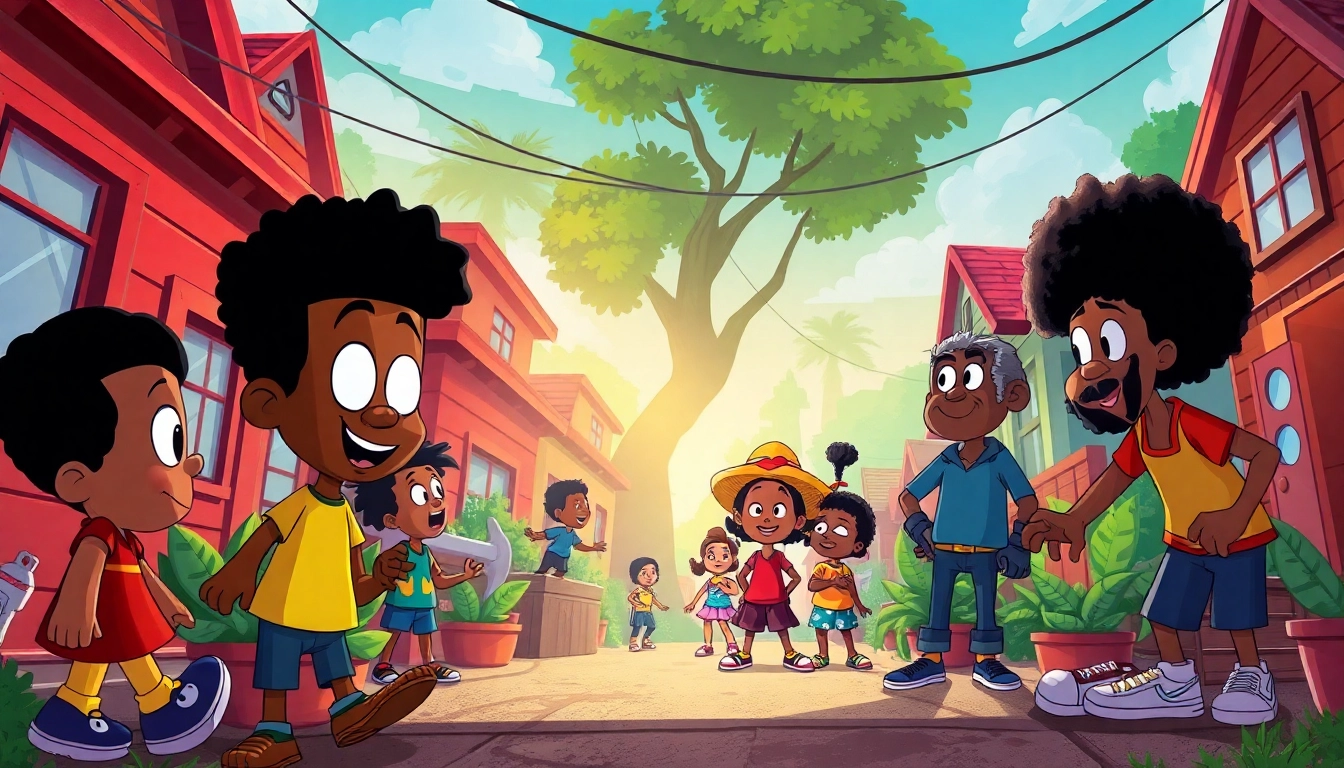 A vibrant illustration of African American Cartoons featuring iconic characters like Huey and Riley Freeman, celebrating diversity and creativity.