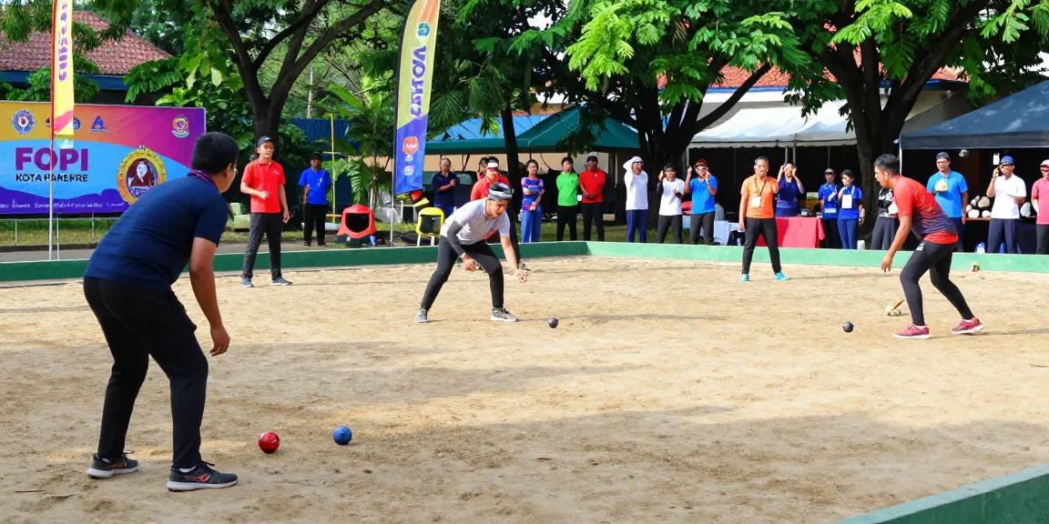Permainan petanque di fopikotaparepare.org dengan pemain beragam di lapangan yang cerah, menunjukkan semangat olahraga.