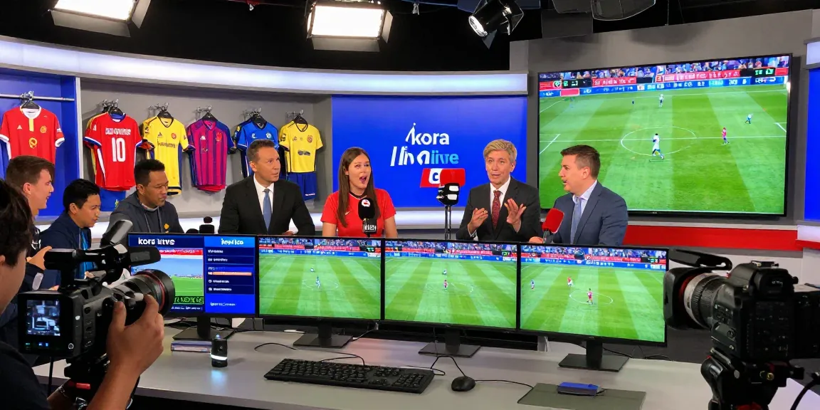 Exciting kora live broadcast scene with commentators and vibrant match visuals.